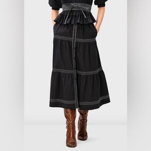 Sea New York Sibylle Tiered Midi Skirt Waist Tie Cotton Size Small Black